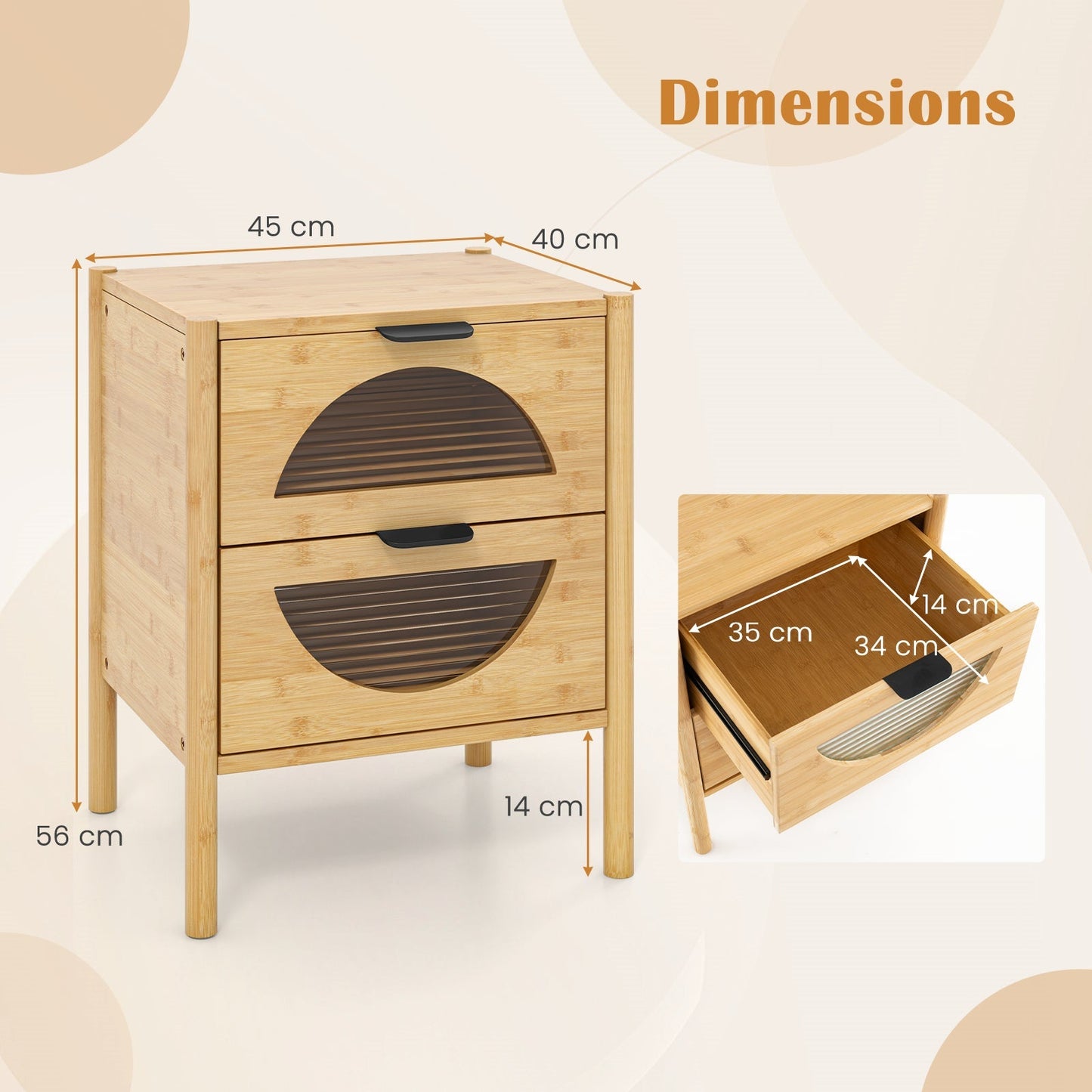 Bamboo Nightstand Mid-century Modern Bedside Table with 2 Storage Drawers-Natural