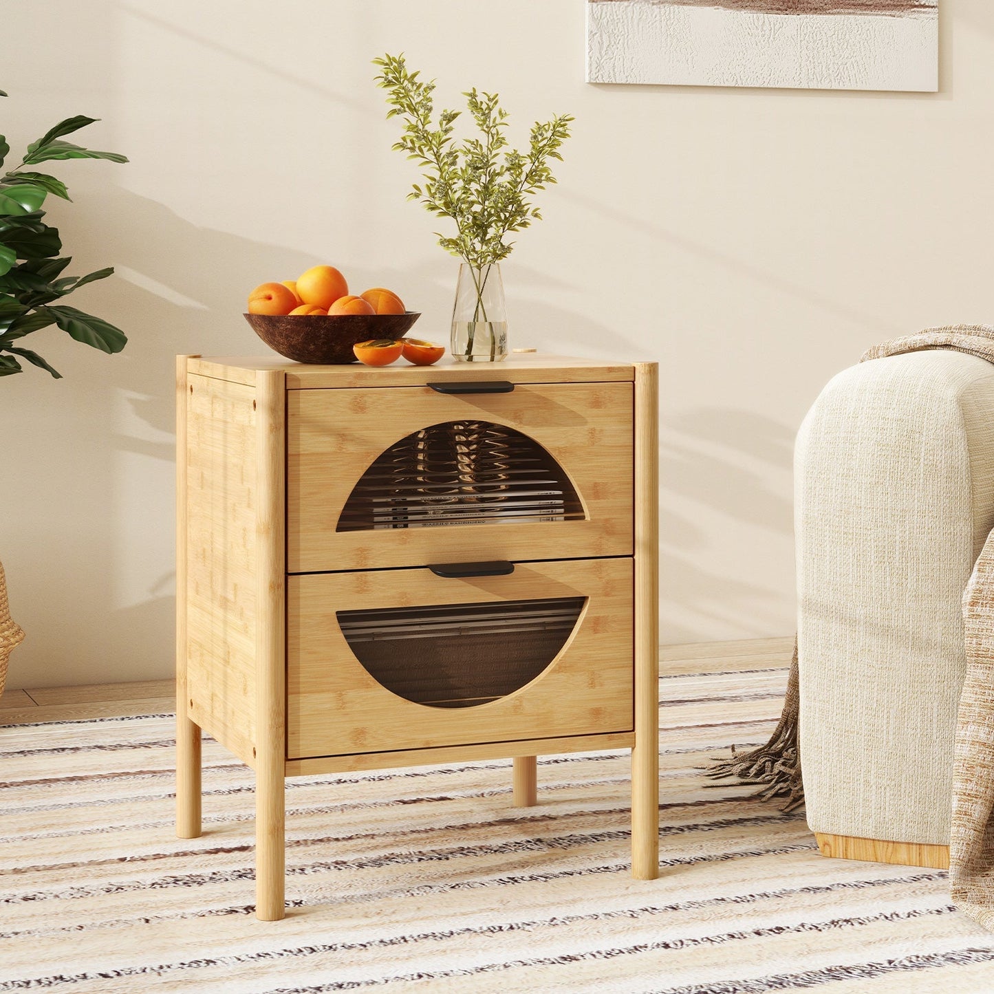 Bamboo Nightstand Mid-century Modern Bedside Table with 2 Storage Drawers-Natural