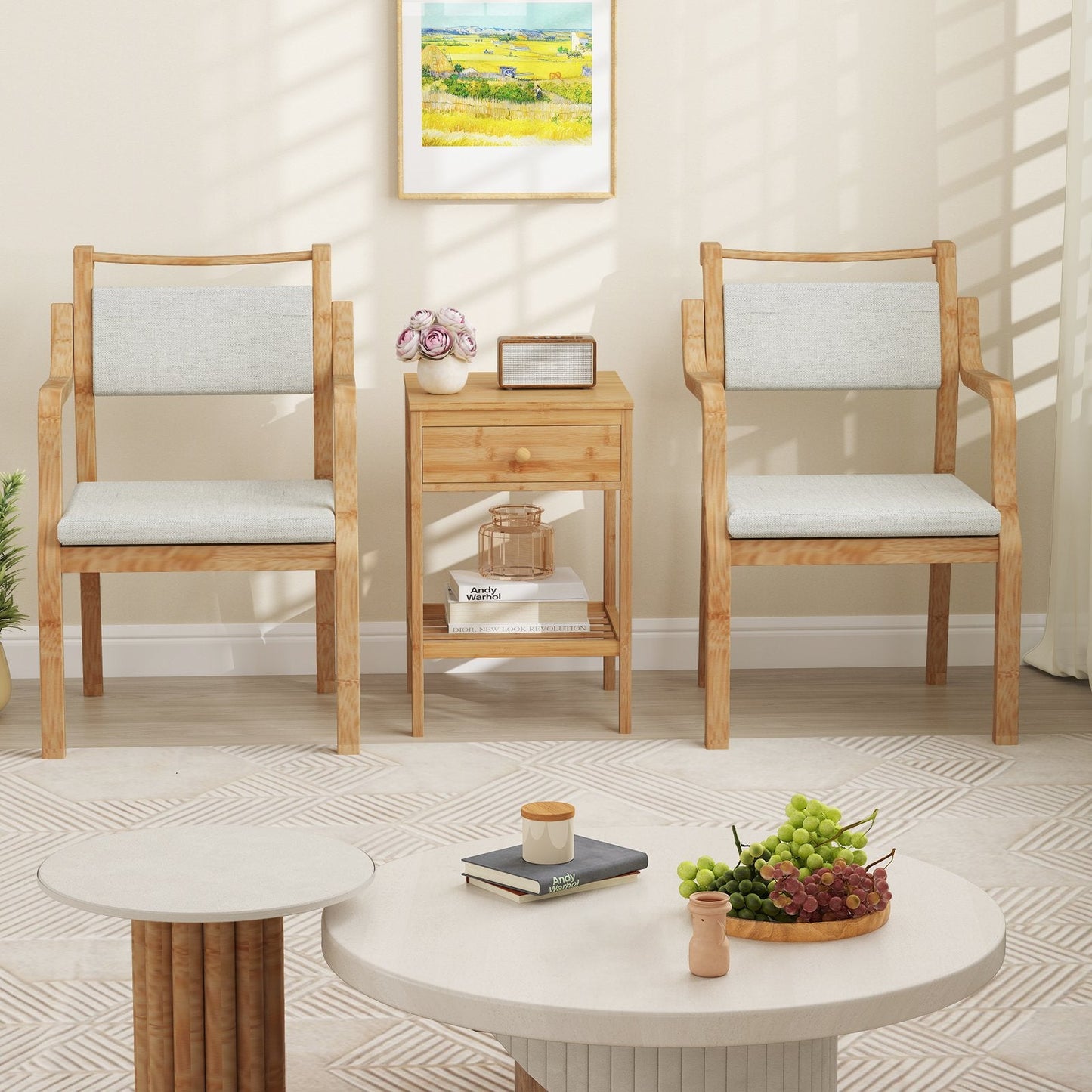 Bamboo Nightstand Set of 2 with Storage Drawer and Open Shelf-Natural-2 Pieces