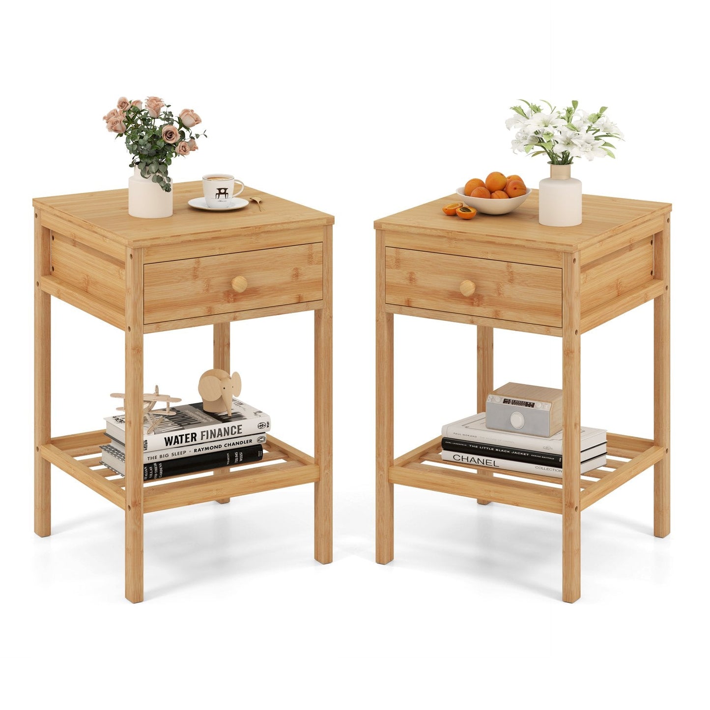Bamboo Nightstand Set of 2 with Storage Drawer and Open Shelf-Natural-2 Pieces