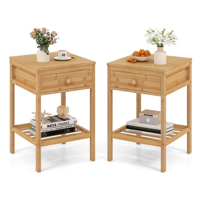 Bamboo Nightstand Set of 2 with Storage Drawer and Open Shelf-Natural-2 Pieces