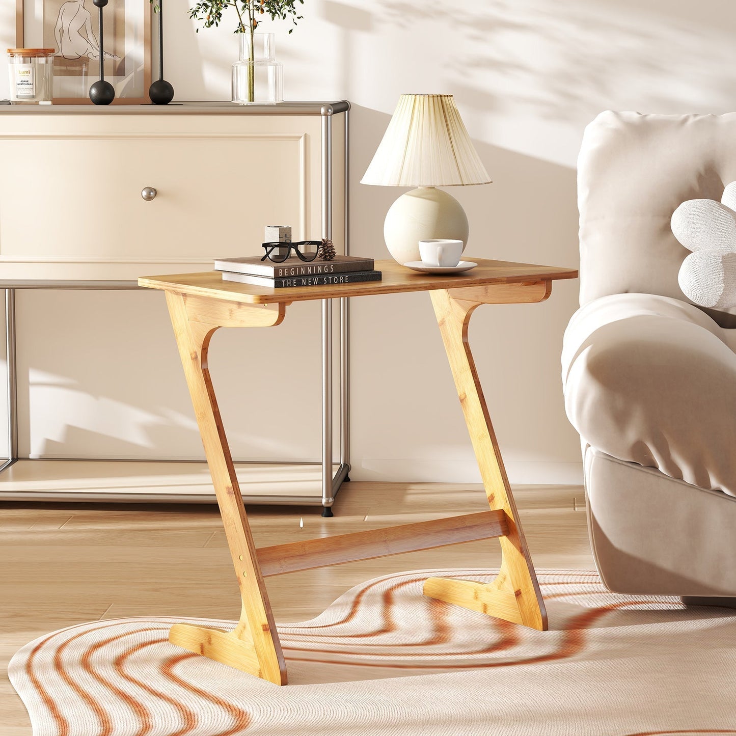 Bamboo Z-Shaped Spacious Sofa Side Table with Space-Saving Tabletop-Natural