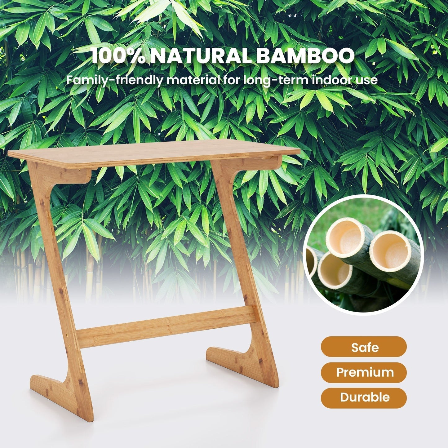 Bamboo Z-Shaped Spacious Sofa Side Table with Space-Saving Tabletop-Natural