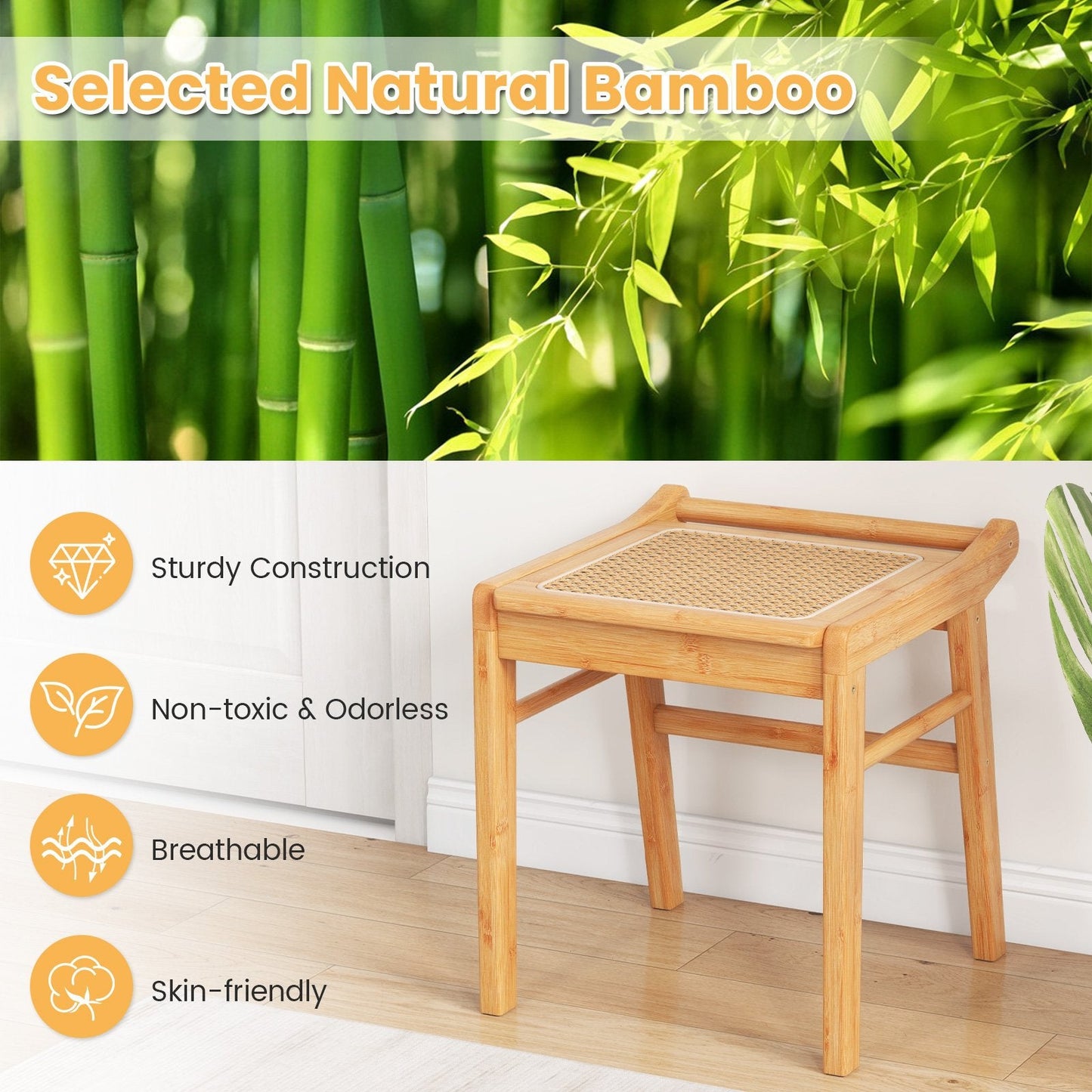 Rattan Top Bamboo Vanity Stool with Anti-slip Foot Pads-Natural