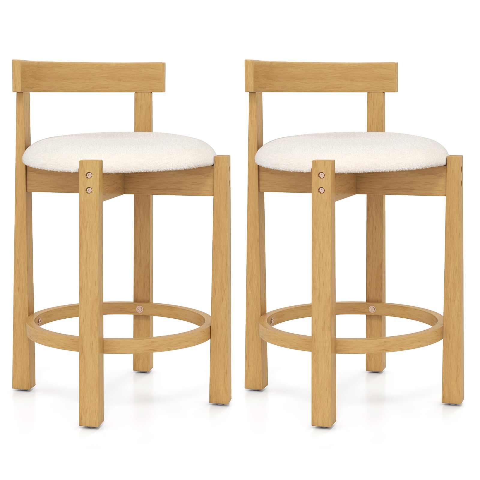 62CM Teddy Velvet Upholstered Bar Chairs Set of 2 with Backrests and Footrests-White