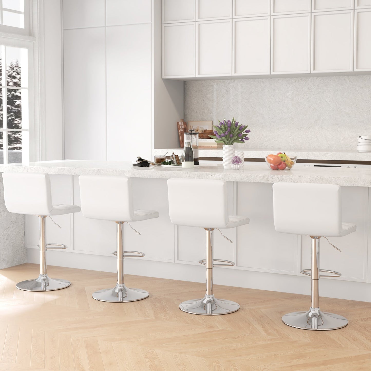 PU Leather Bar Chairs with Adjustable Height for Kitchen Island and Pub-White