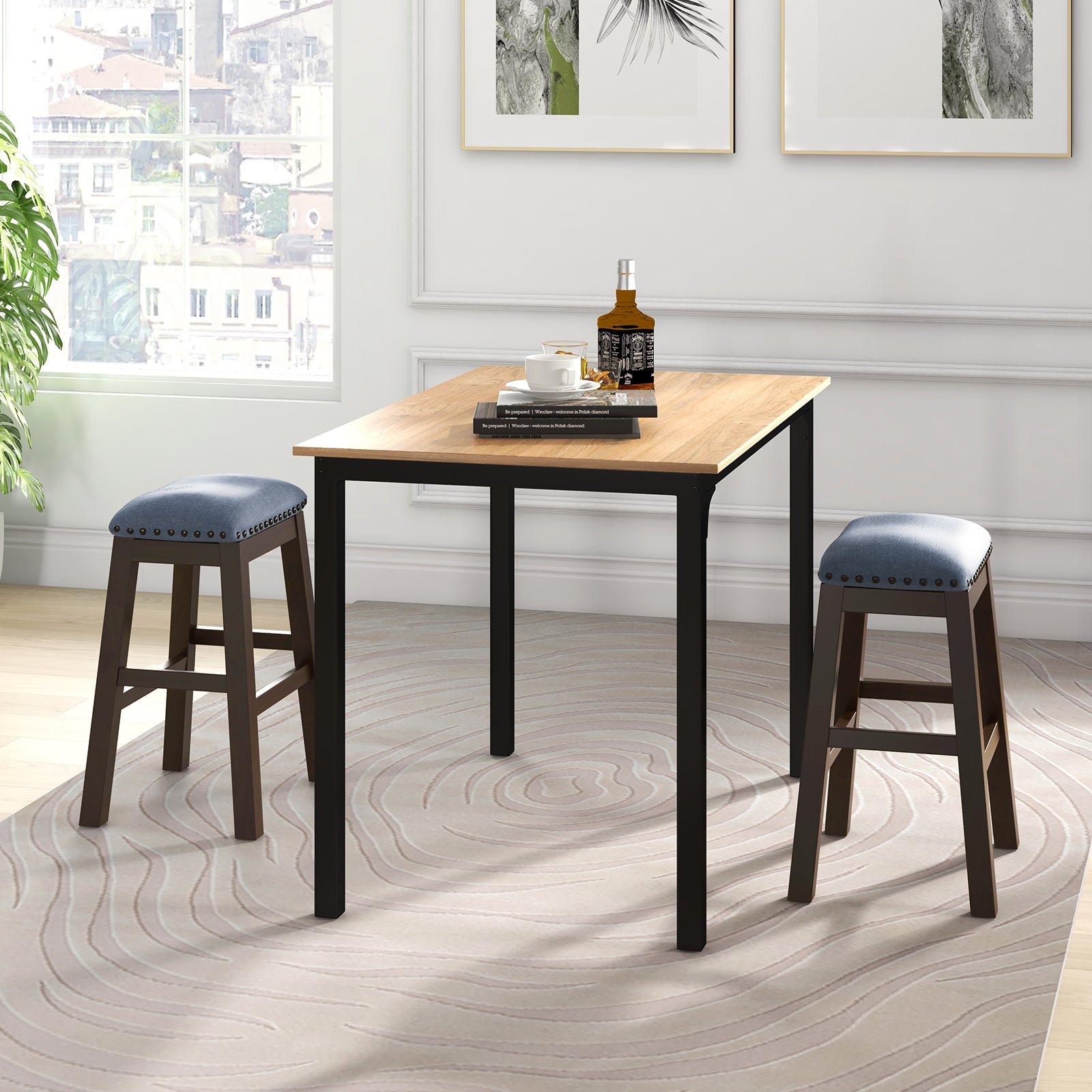 Bar Stool Set of 2 with Padded Seat and Rubber Wood Legs-Brown