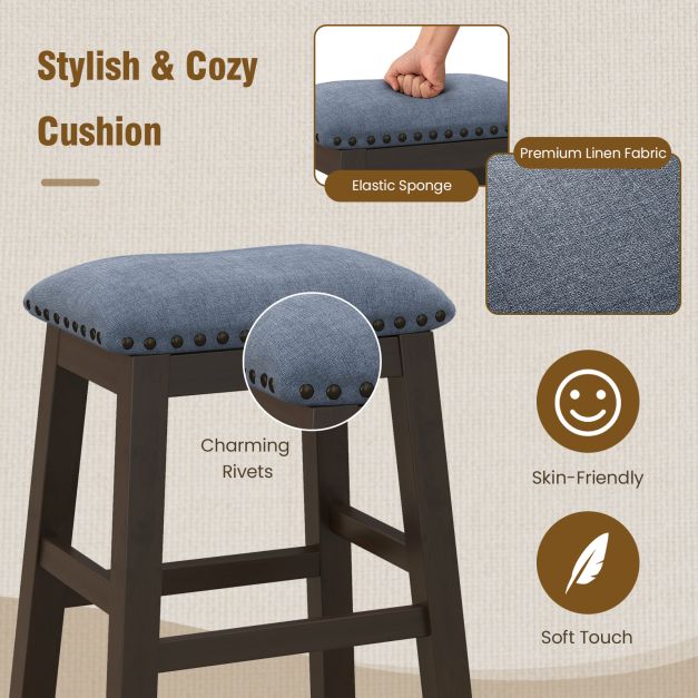 Bar Stool Set of 2 with Padded Seat and Rubber Wood Legs-Brown