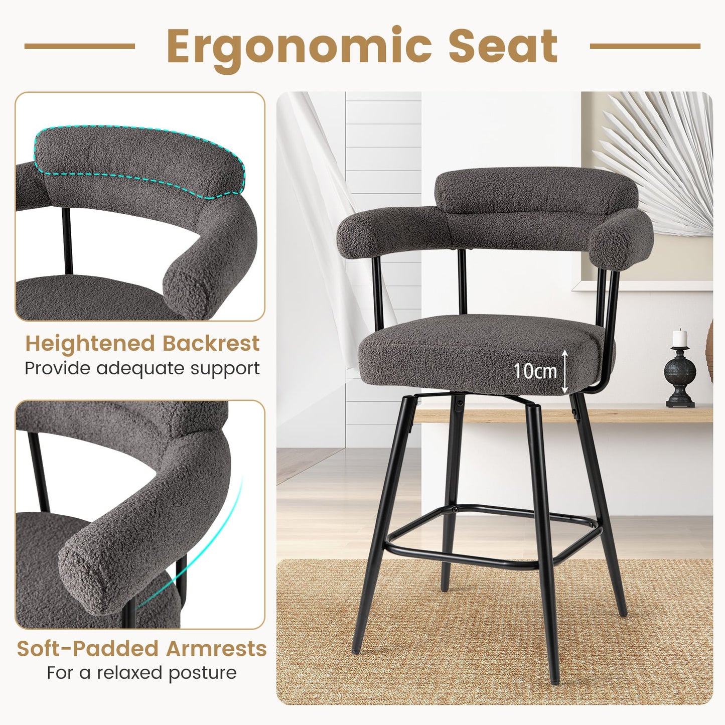 Swivel Bar Stool Set of 2 Counter Height Chairs with Curved Back-Grey