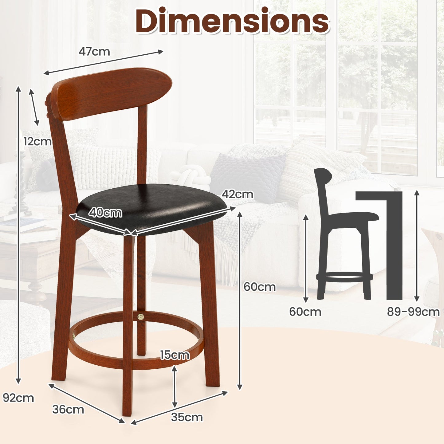 Bar Stool Set of 2 with Curved Backrest and Footrest-24 Inches
