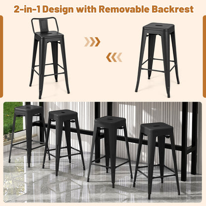 Set of 4 Metal Bar Stools 76 cm with Removable Backrest-Black