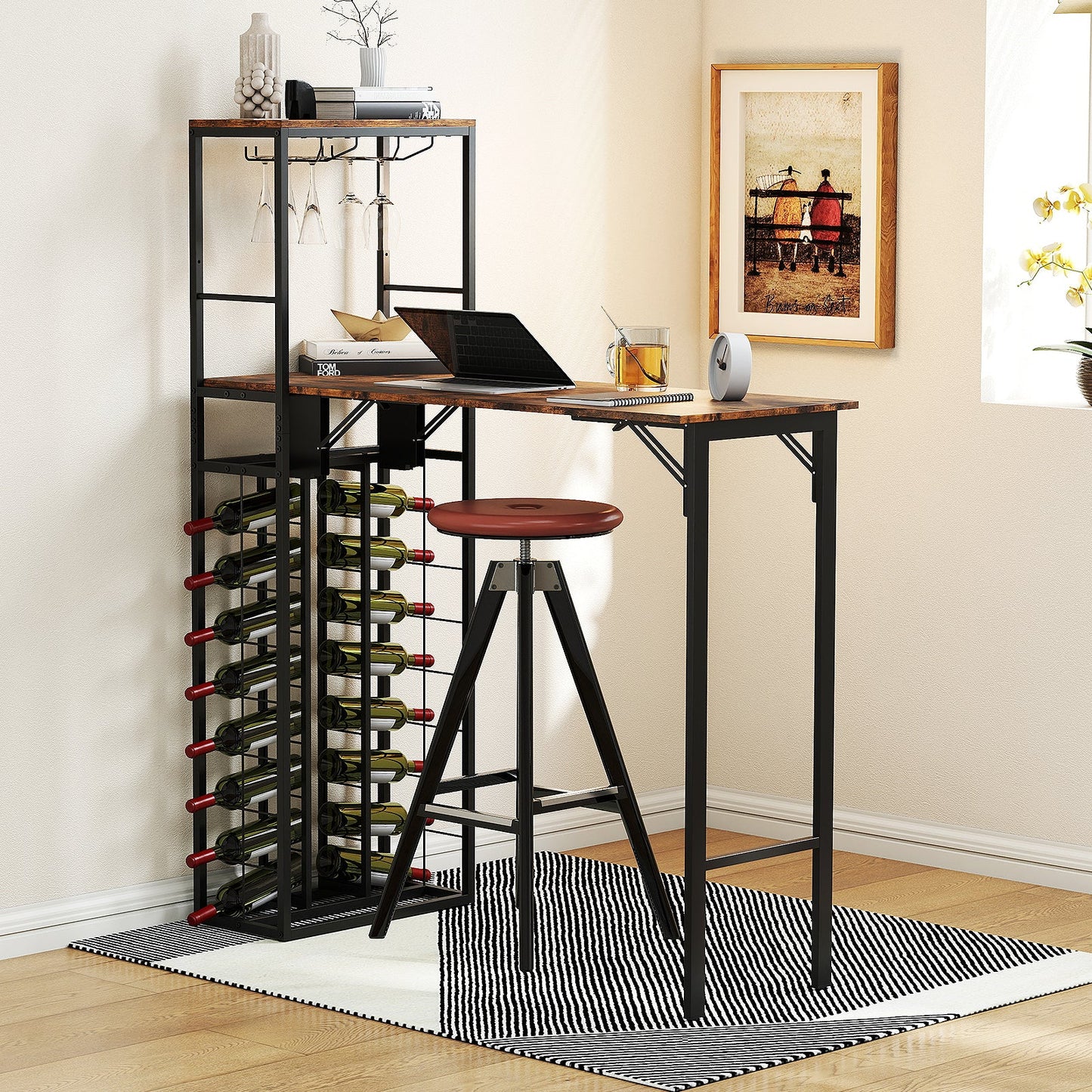 Bar Table with Foldable Tabletop for Dining Room and Living Room-Brown