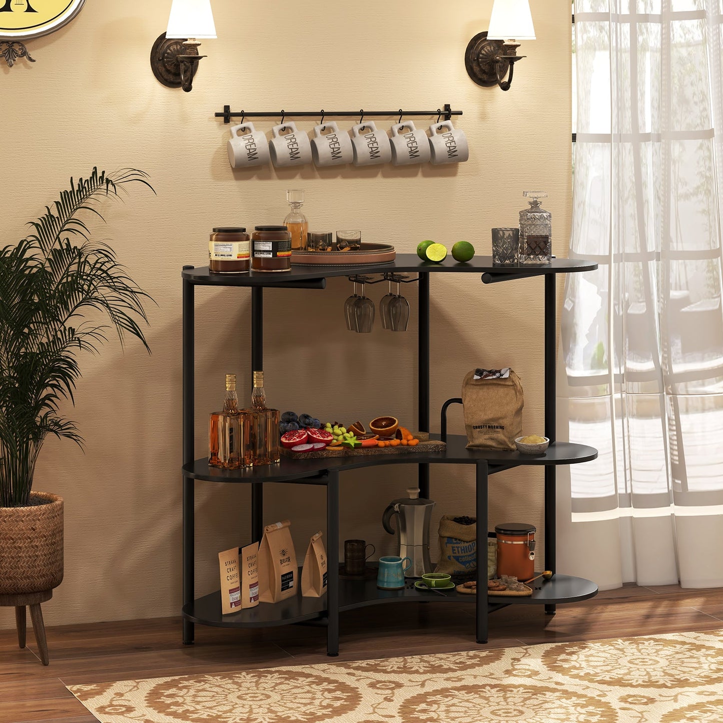 3-Tier Home Bar Unit with Stemware Racks and Storage Shelves-Black