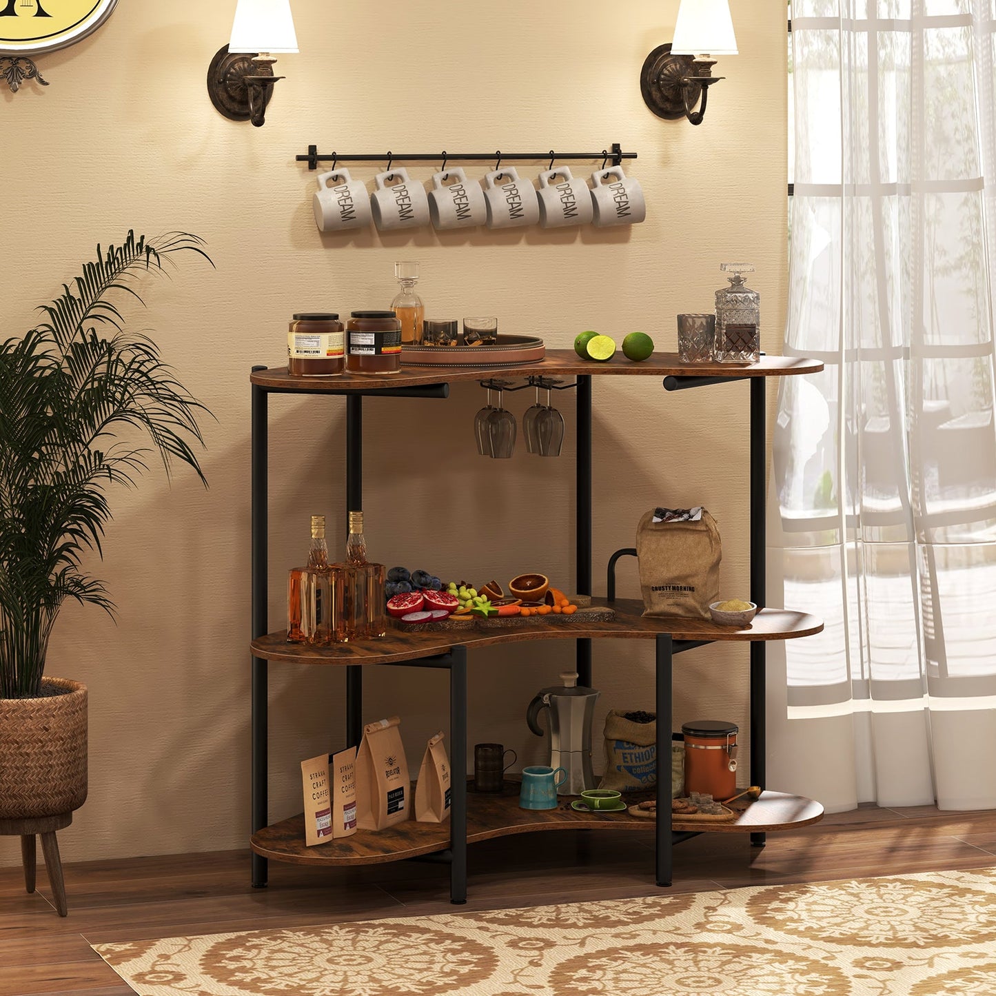 3-Tier Home Bar Unit with Stemware Racks and Storage Shelves-Rustic Brown