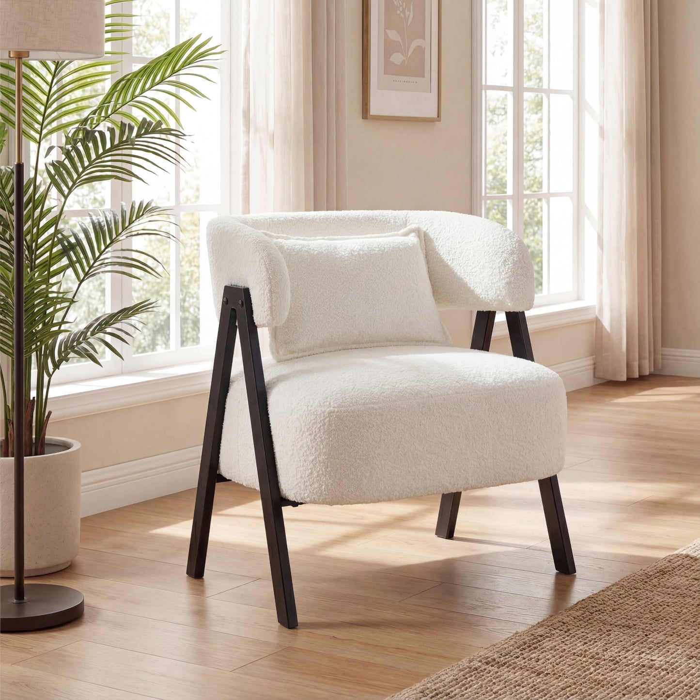 Barrel Accent Chair Upholstered Armchair with Lumbar Pillow-White