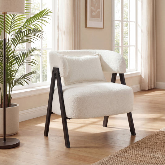 Barrel Accent Chair Upholstered Armchair with Lumbar Pillow-White