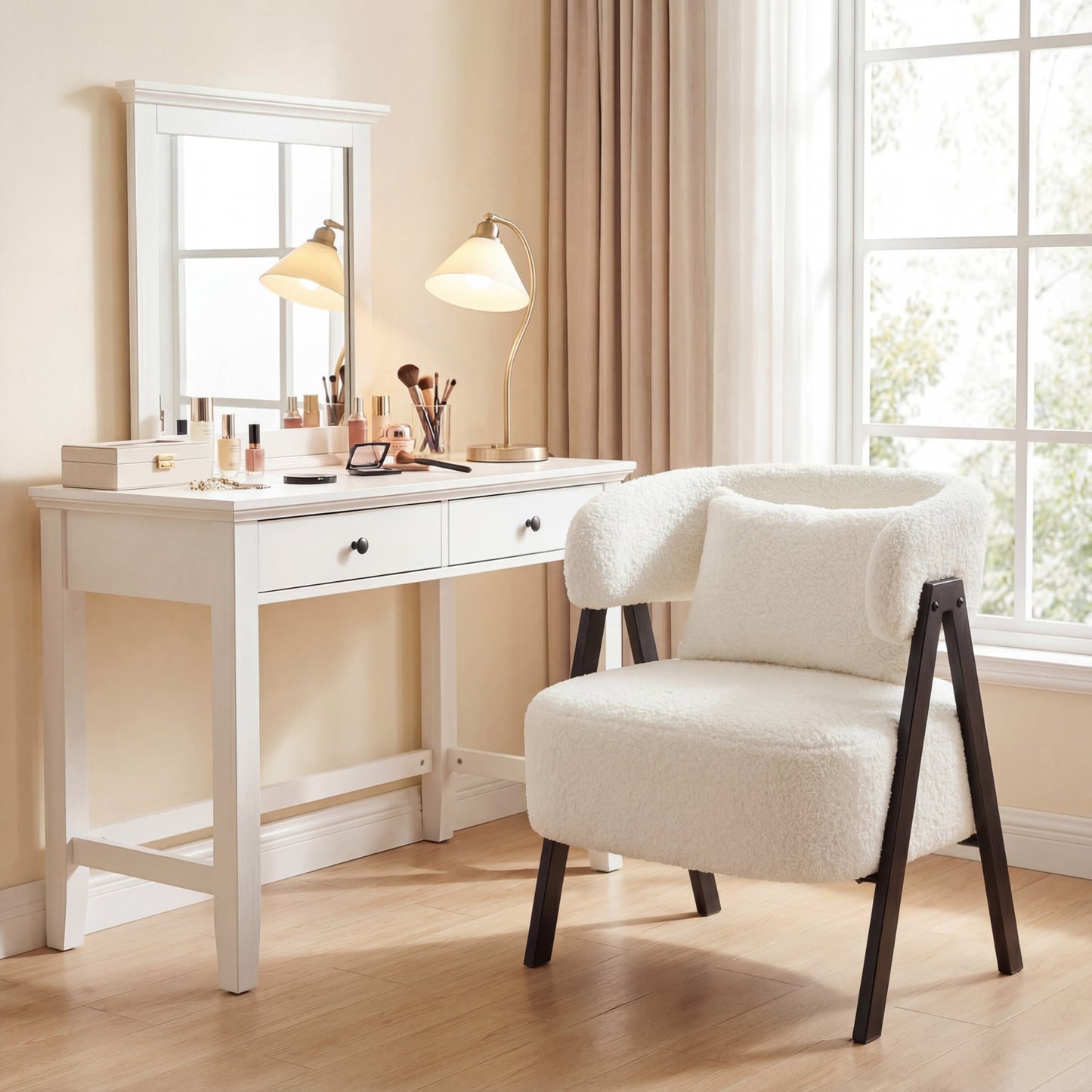 Barrel Accent Chair Upholstered Armchair with Lumbar Pillow-White