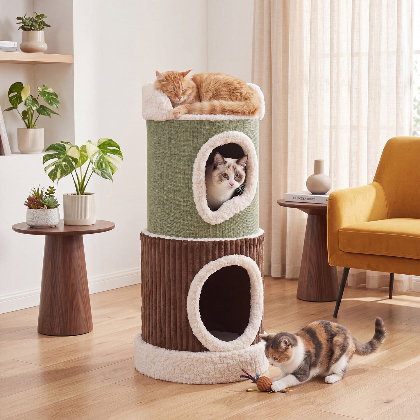 Barrel Cat House with Top Perch & Double Condos and Comfy Mats for Indoor-Green