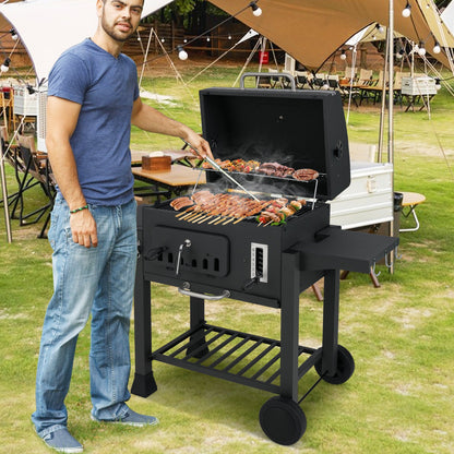 Barrel Charcoal Grill with 2 Folding Side Tables for Camping Picnic