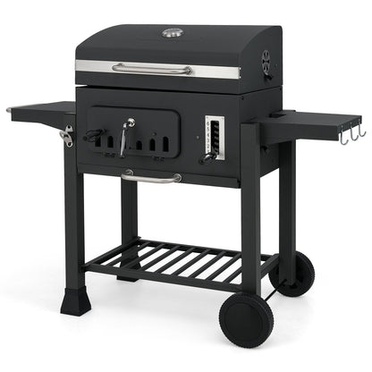 Barrel Charcoal Grill with 2 Folding Side Tables for Camping Picnic