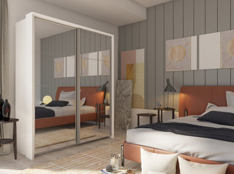 Barse 2 Door Mirrored Sliding Wardrobe 180cm - White, Oak, Grey