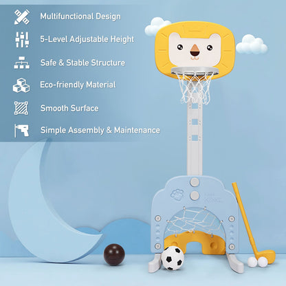 3-in-1 Basketball Hoop Set Stand with 5 Adjustable Height Levels-Yellow