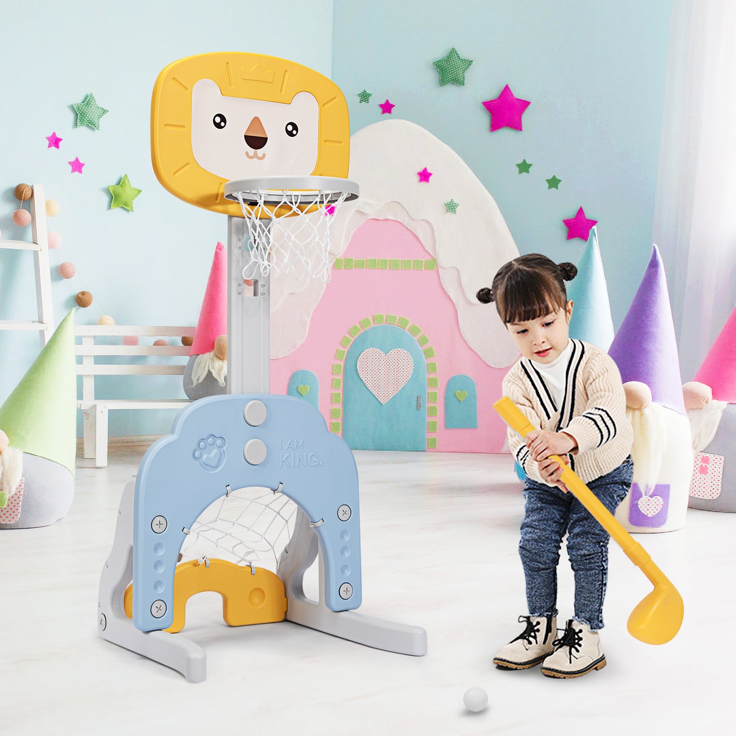 3-in-1 Basketball Hoop Set Stand with 5 Adjustable Height Levels-Yellow