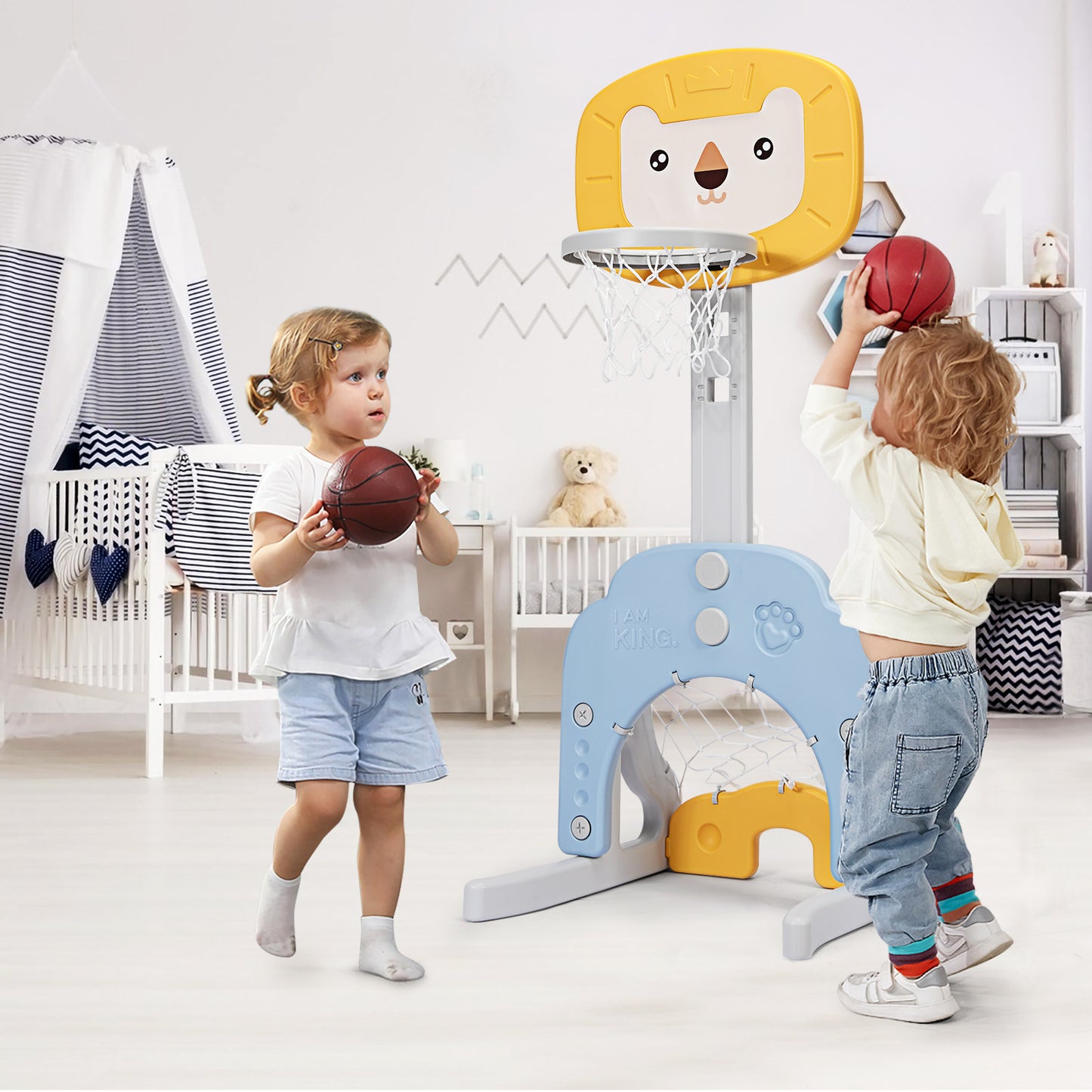 3-in-1 Basketball Hoop Set Stand with 5 Adjustable Height Levels-Yellow