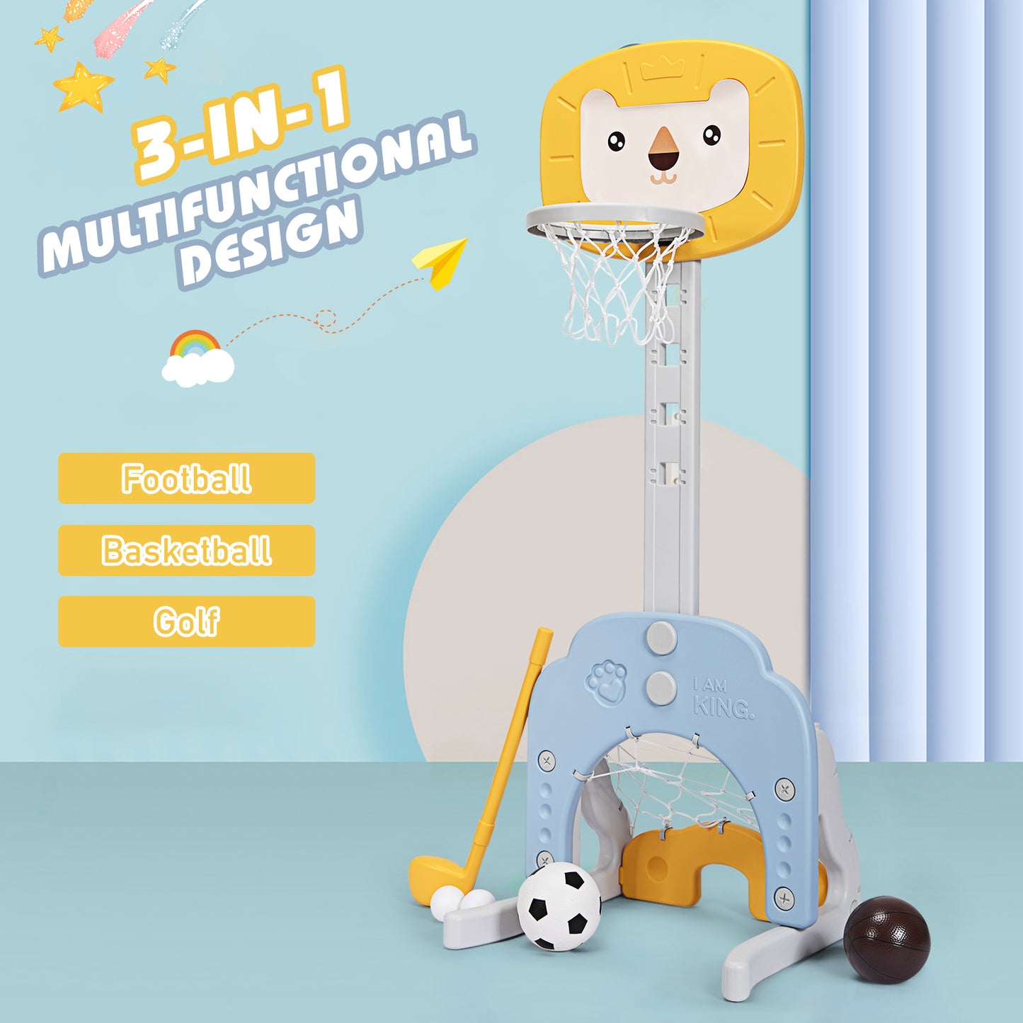 3-in-1 Basketball Hoop Set Stand with 5 Adjustable Height Levels-Yellow