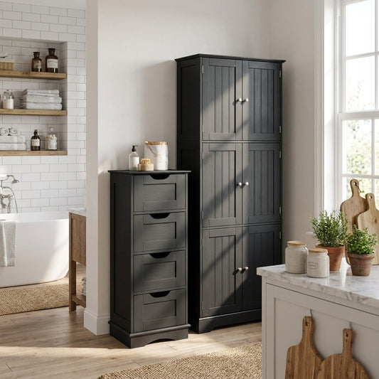 Bathroom Cabinet Set with 6-Door Tall Cabinet and 4-Drawer Cabinet-Black