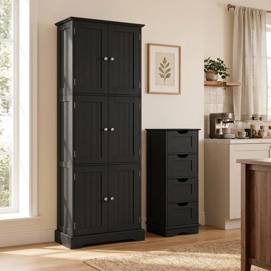 Bathroom Cabinet Set with 6-Door Tall Cabinet and 4-Drawer Cabinet-Black