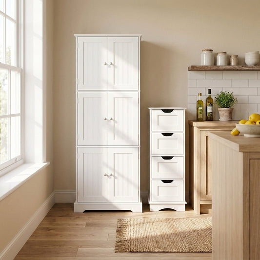 Bathroom Cabinet Set with 6-Door Tall Cabinet and 4-Drawer Cabinet-White