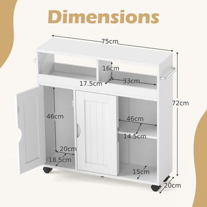 Bathroom Cabinet with Wheels Slim Side Storage Organizer with Adjustable Shelf and Towel Racks-White