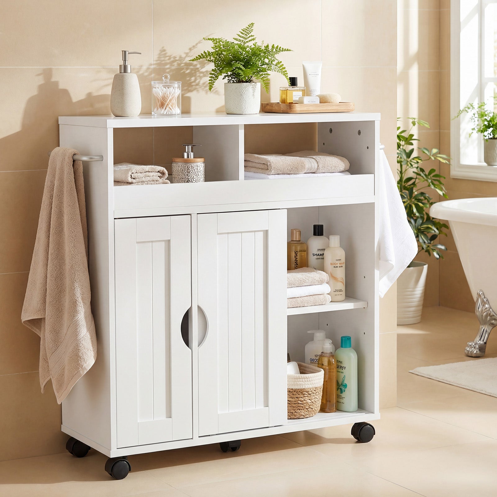 Bathroom Cabinet with Wheels Slim Side Storage Organizer with Adjustable Shelf and Towel Racks-White