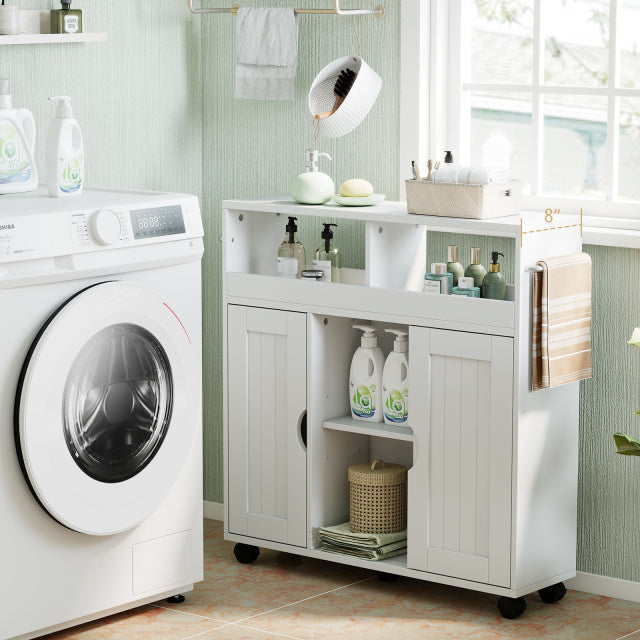 Bathroom Cabinet with Wheels Slim Side Storage Organizer with Adjustable Shelf and Towel Racks-White