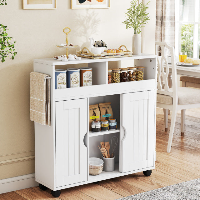 Bathroom Cabinet with Wheels Slim Side Storage Organizer with Adjustable Shelf and Towel Racks-White