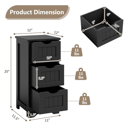 Bathroom Floor Cabinet with 3 Drawers and Cut-Off Handle-Black