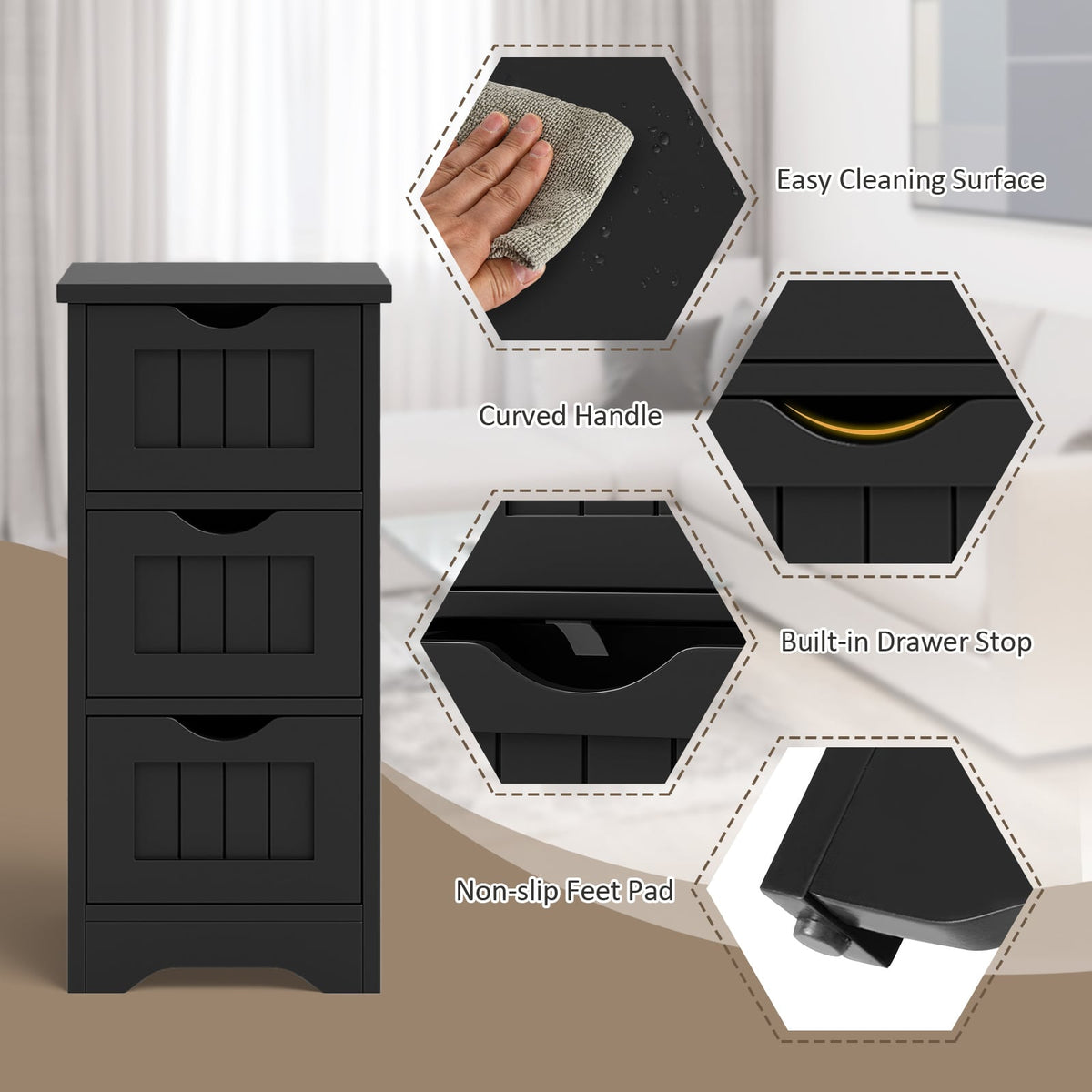 Bathroom Floor Cabinet with 3 Drawers and Cut-Off Handle-Black