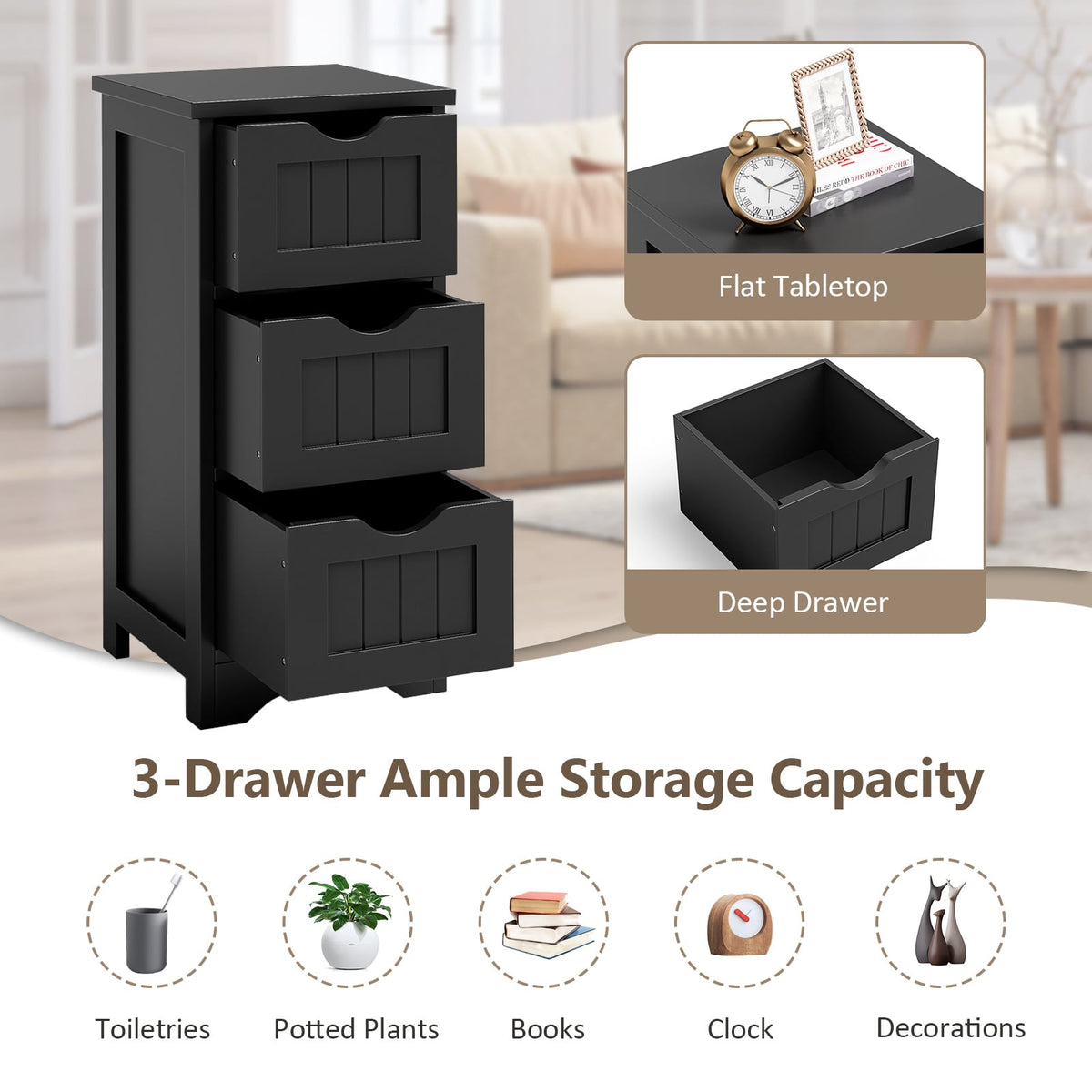 Bathroom Floor Cabinet with 3 Drawers and Cut-Off Handle-Black