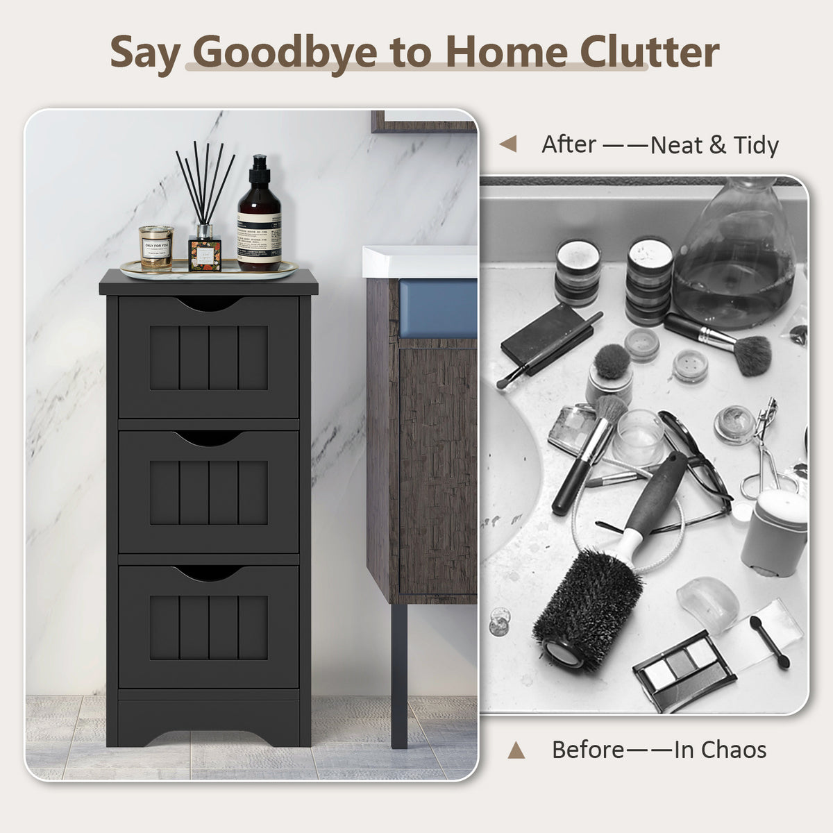 Bathroom Floor Cabinet with 3 Drawers and Cut-Off Handle-Black
