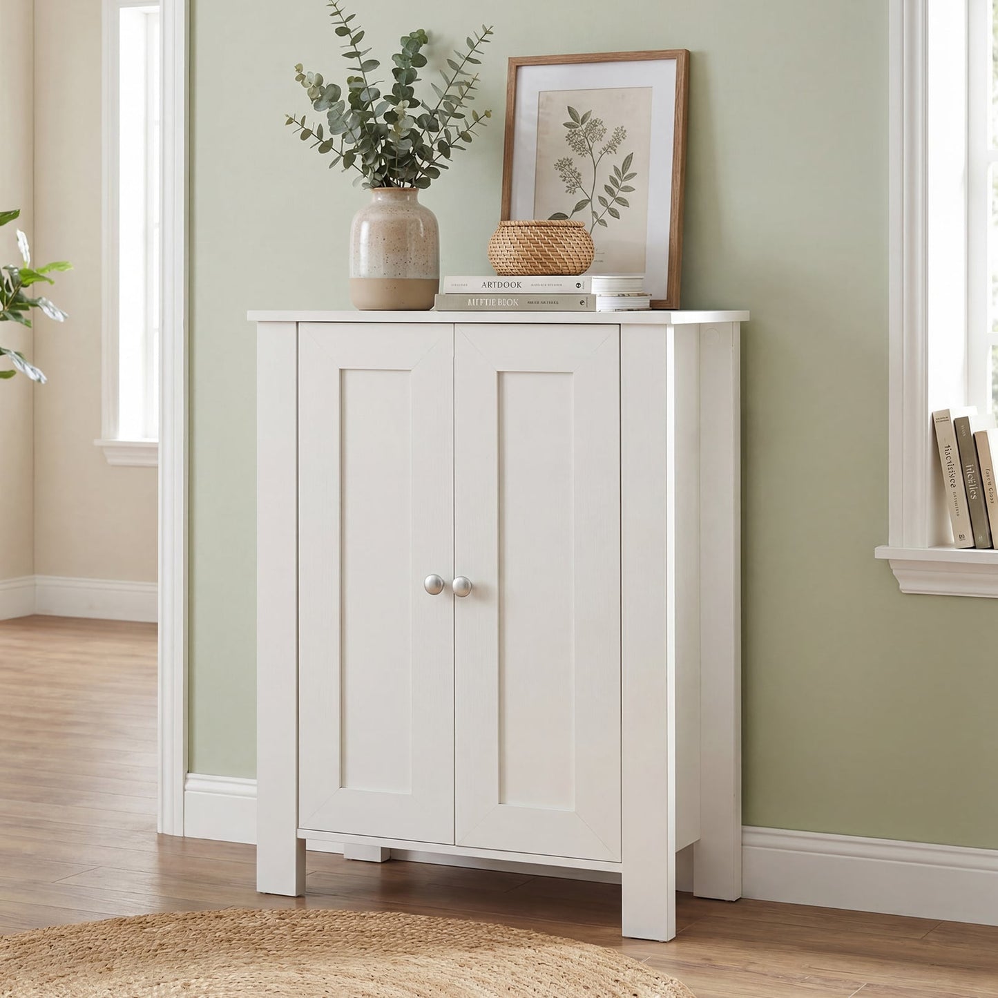 Bathroom Floor Cabinet with Double Doors Freestanding Wooden Storage-White