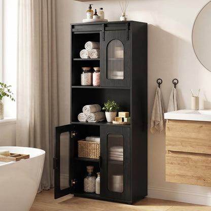 Bathroom Floor Cabinet with Shelves and Sliding Barn Door-Black
