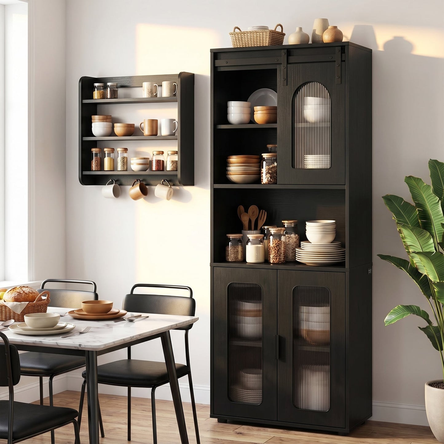 Bathroom Floor Cabinet with Shelves and Sliding Barn Door-Black