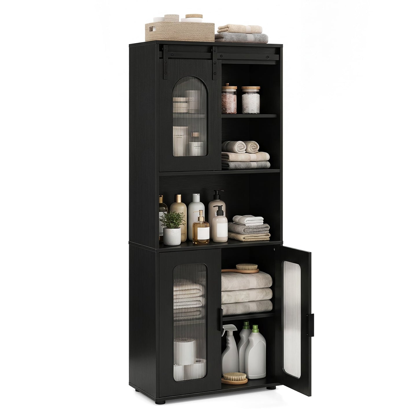 Bathroom Floor Cabinet with Shelves and Sliding Barn Door-Black