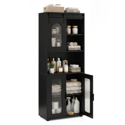 Bathroom Floor Cabinet with Shelves and Sliding Barn Door-Black