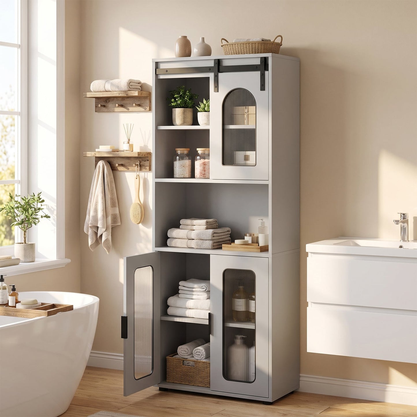 Bathroom Floor Cabinet with Shelves and Sliding Barn Door-Grey