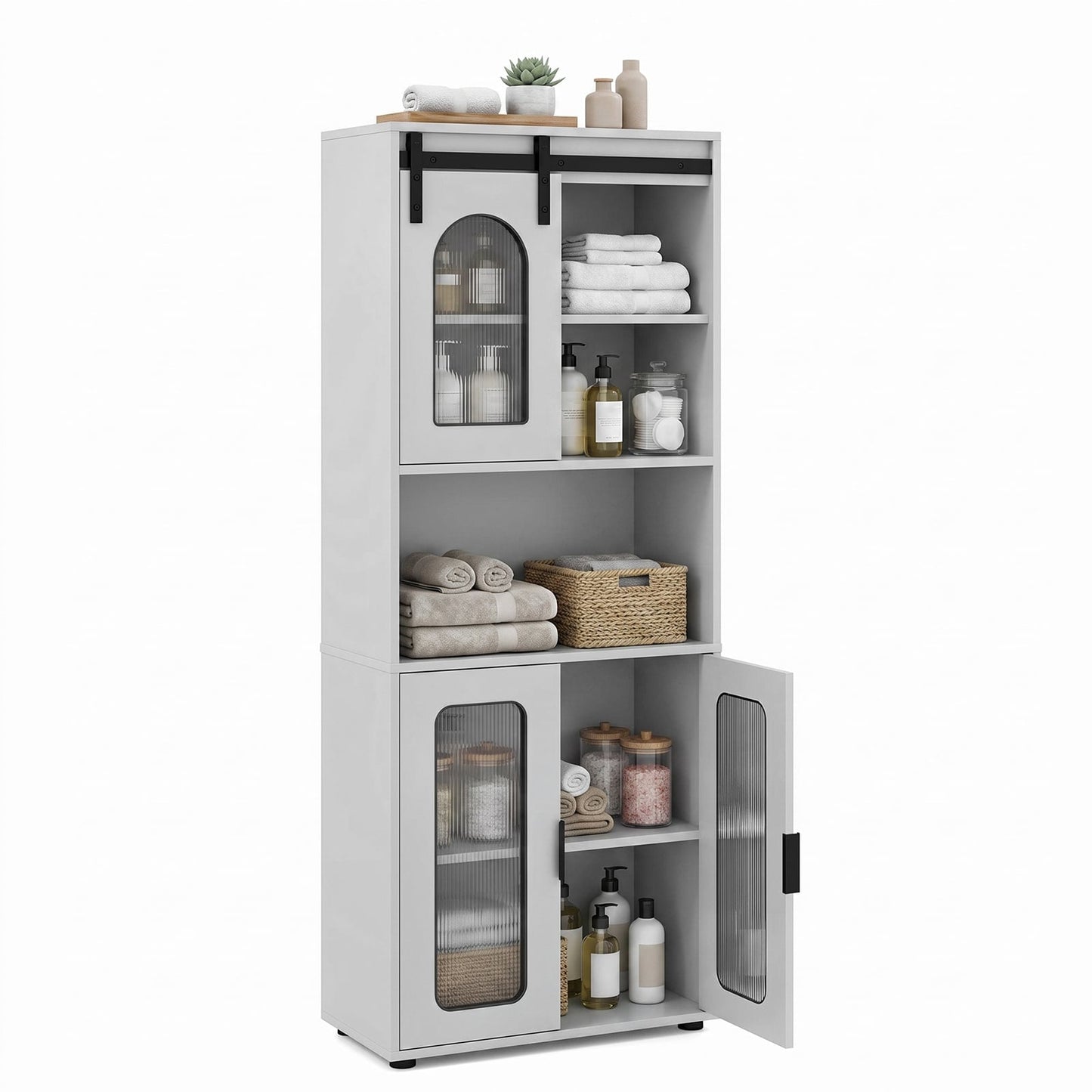 Bathroom Floor Cabinet with Shelves and Sliding Barn Door-Grey
