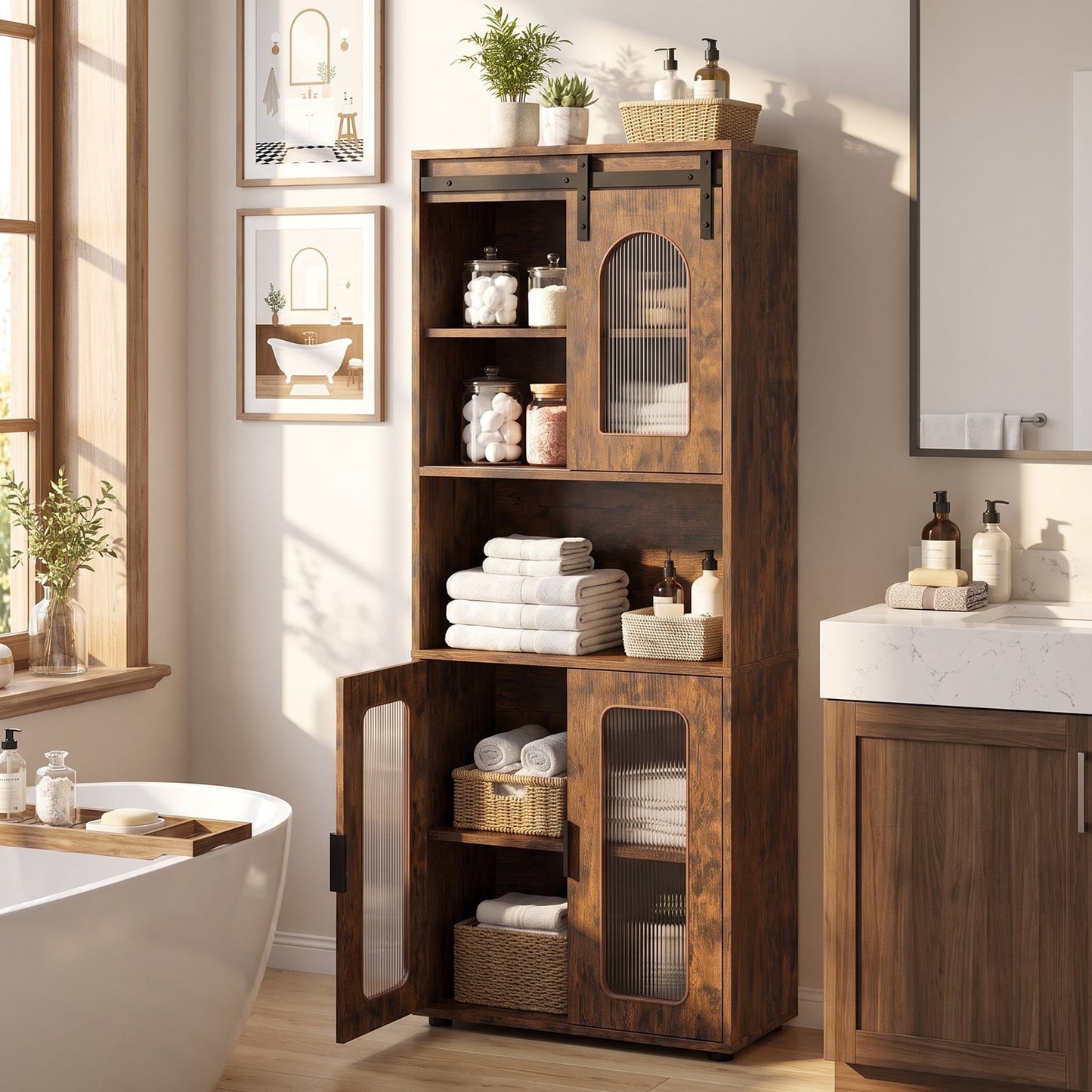 Bathroom Floor Cabinet with Shelves and Sliding Barn Door-Rustic Brown