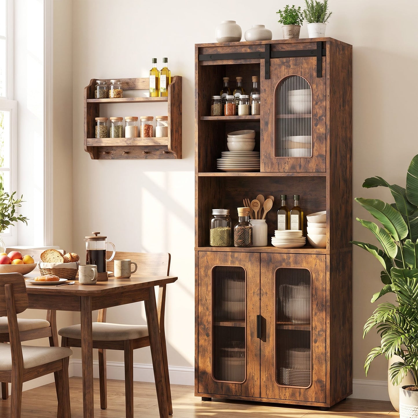 Bathroom Floor Cabinet with Shelves and Sliding Barn Door-Rustic Brown