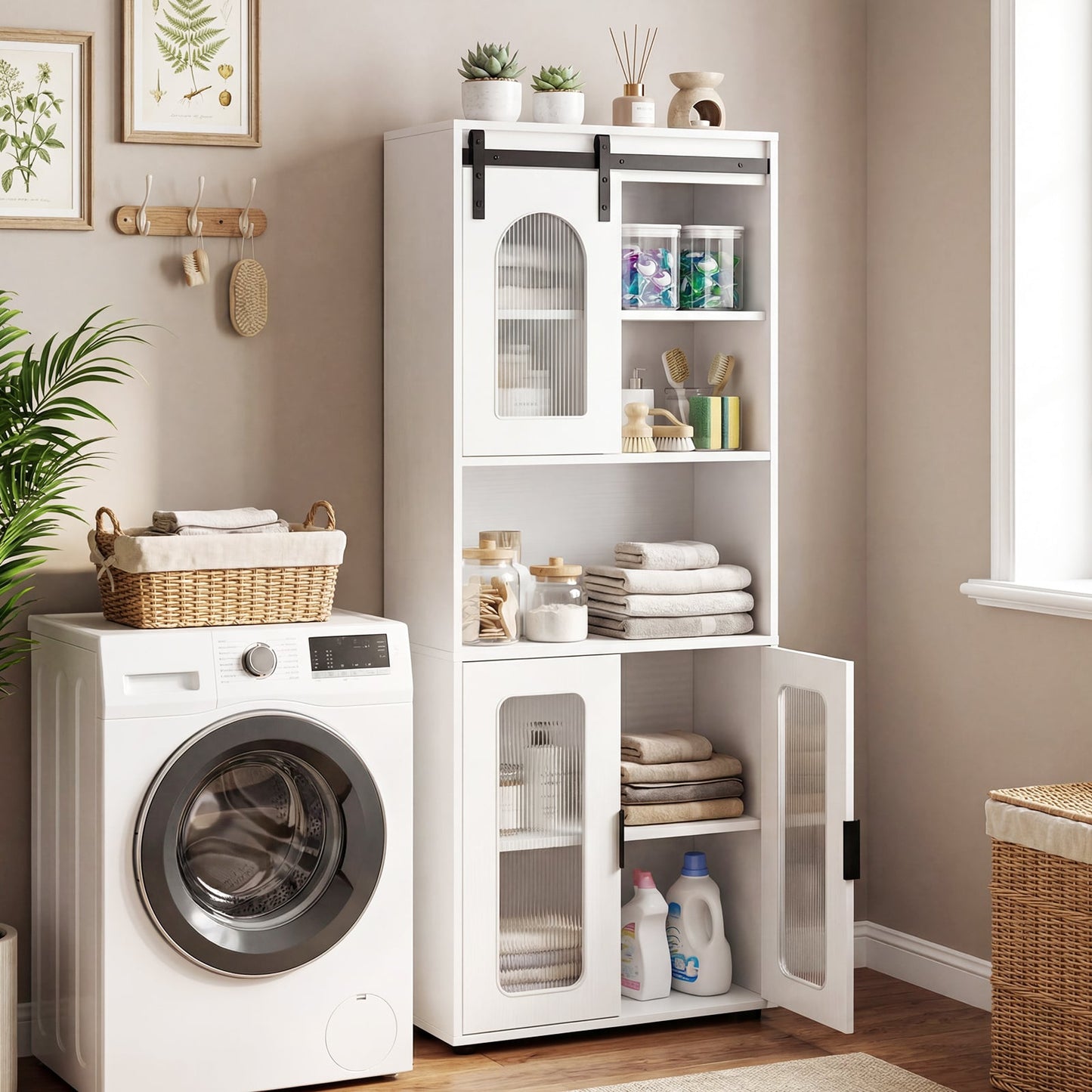 Bathroom Floor Cabinet with Shelves and Sliding Barn Door-White